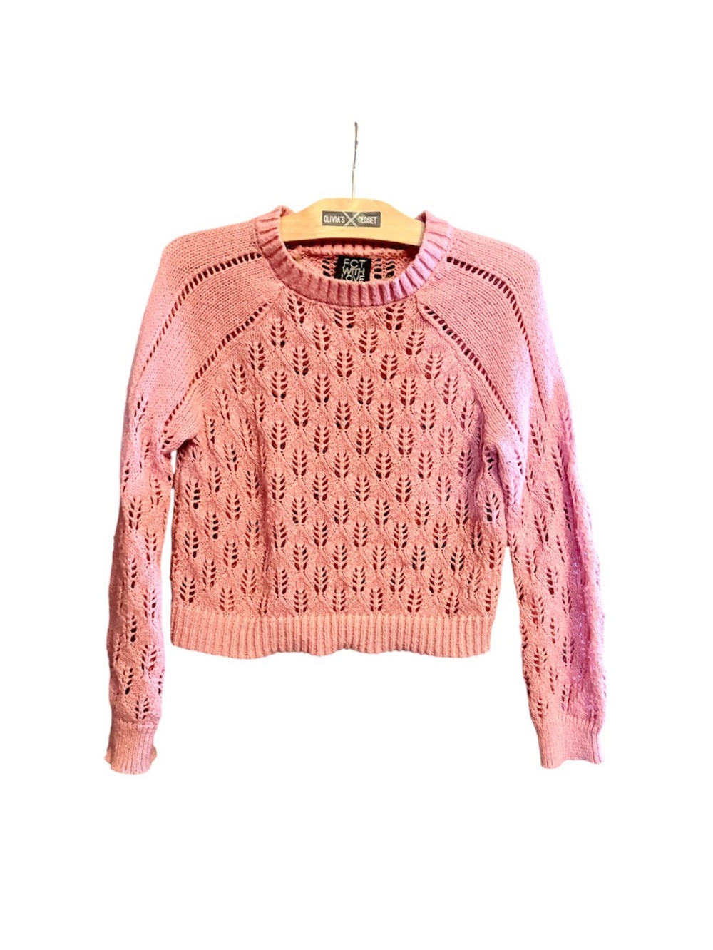 Fuzzy Pink Open-Stitch Crewneck Sweater by Lost & Wander